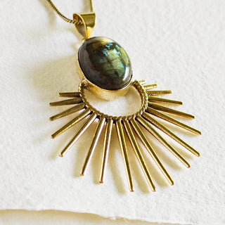 Brass labradorite starburst pendant charm necklace designer