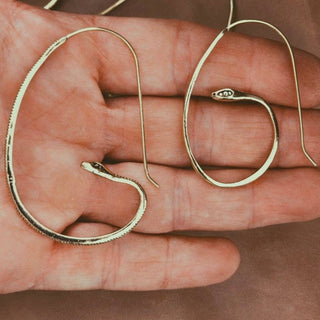 Brass snake serpent hoop earrings large onyx eyes