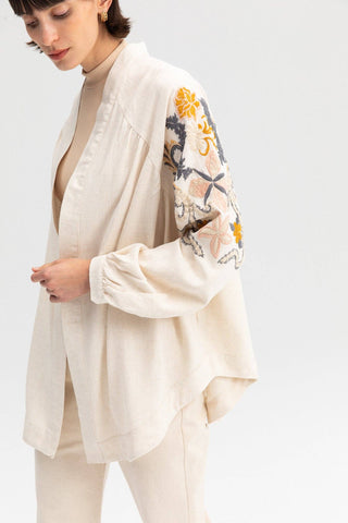 BOHO FLORAL EMBROIDERED KIMONO JACKET - LINEN VISCOSE BLEND
