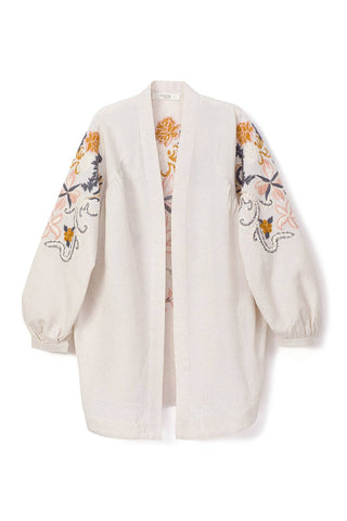 BOHO FLORAL EMBROIDERED KIMONO JACKET - LINEN VISCOSE BLEND