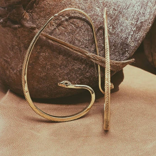 Brass snake serpent hoop earrings large onyx eyes