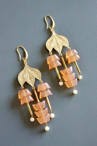 MLNE58 Peach glass and gold plate chandelier earrings