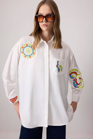 Boho Embroidered Cotton-Blend Oversized Shirt