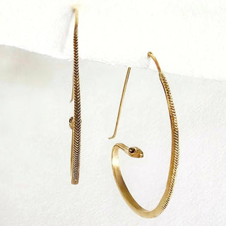 Brass snake serpent hoop earrings large onyx eyes