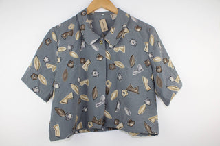 Reworked Vintage Short-Sleeve Button Up Blouse - Cropped