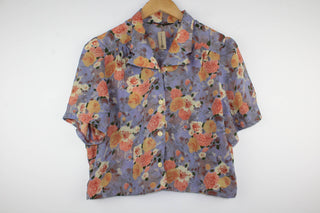 Reworked Vintage Short-Sleeve Button Up Blouse - Cropped