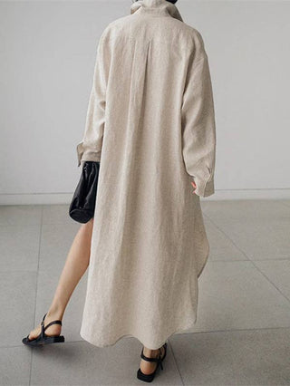 Sheer Trend Urban Linen Split-Side Buttoned Lapel Midi Dress
