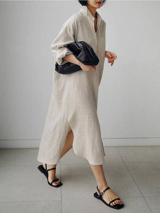 Sheer Trend Urban Linen Split-Side Buttoned Lapel Midi Dress