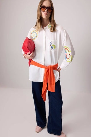 Boho Embroidered Cotton-Blend Oversized Shirt