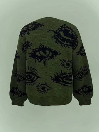 Sheer Trend Long Sleeves Loose Contrast Color Geometric Split-Joint Round-Neck Pullovers Sweater Tops