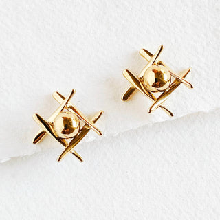 18 kt gold plated cross bead overlap earrings