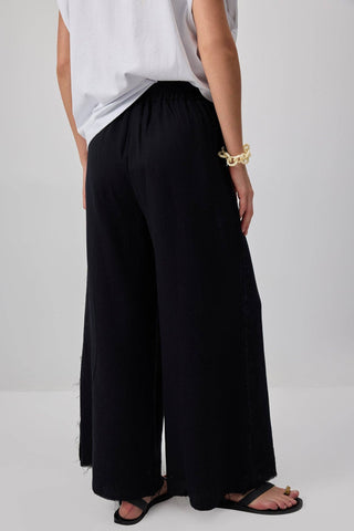 Sheer Trend Frayed Side and Hem Detail Wide Leg Cotton Trousers