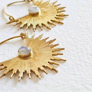 Brass star starburst moonstone hoop earrings