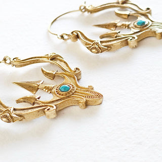 Brass hoop genuine turquoise earrings trident design