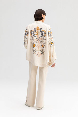 BOHO FLORAL EMBROIDERED KIMONO JACKET - LINEN VISCOSE BLEND