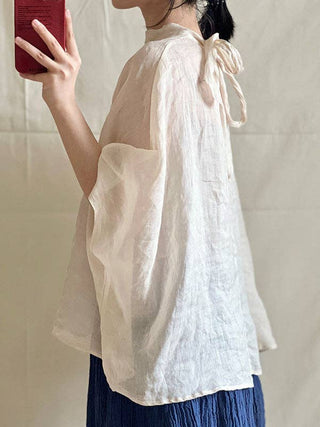 Sheer Trend Batwing Sleeves Loose Lace-Up See-Through Solid Color Stand Collar Shirts Tops