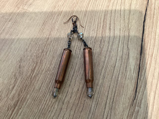 HOC earring long brass bullet with chain and crystals