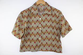 Reworked Vintage Short-Sleeve Button Up Blouse - Cropped