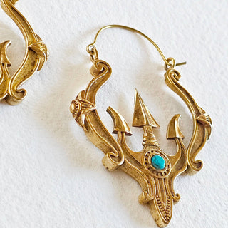 Brass hoop genuine turquoise earrings trident design