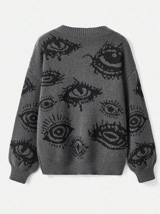 Sheer Trend Long Sleeves Loose Contrast Color Geometric Split-Joint Round-Neck Pullovers Sweater Tops