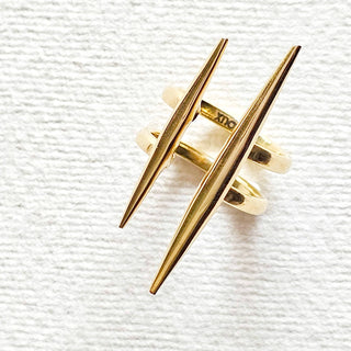Solid brass double spike needle adjustable ring handcrafted