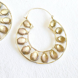 Brass big bold hoop earrings large seashells