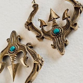 Brass hoop genuine turquoise earrings trident design