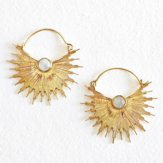 Brass star starburst moonstone hoop earrings