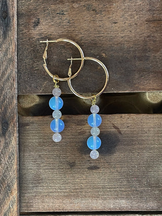 Opalite Drop Hoops with Rose Quartz and Iridescent Glass