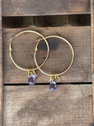 Purple Glass Drop Hoop Earring