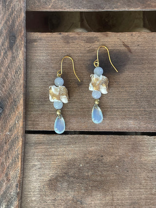 Gilded Vertebrae with Chalcedony and Iridescent Glass Drop Earring