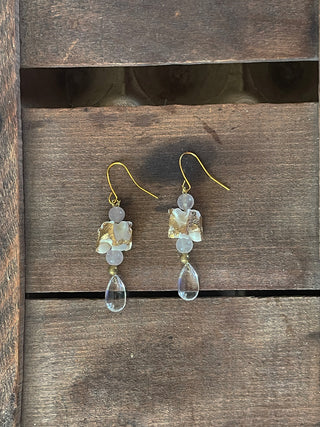 Gilded Vertebrae Earring with Clear Quartz and Glass Drop