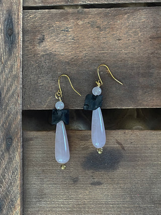 Black Vertebrae and Rose Quartz Drop Earring