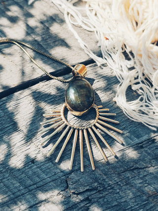 Brass labradorite starburst pendant charm necklace designer