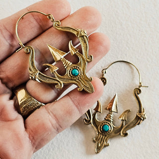 Brass hoop genuine turquoise earrings trident design