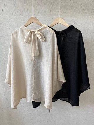 Sheer Trend Batwing Sleeves Loose Lace-Up See-Through Solid Color Stand Collar Shirts Tops