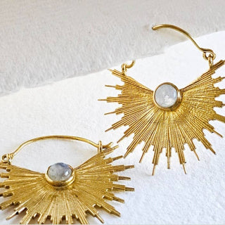 Brass star starburst moonstone hoop earrings