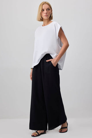 Sheer Trend Frayed Side and Hem Detail Wide Leg Cotton Trousers