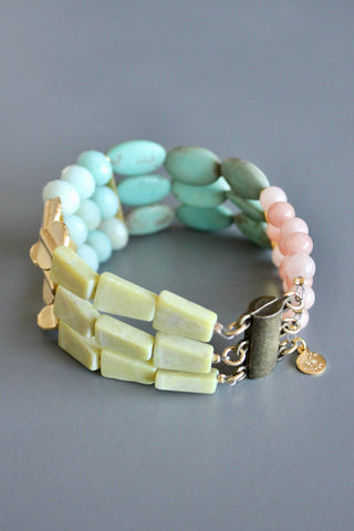 MLNB07 Blush pink, turquoise, and yellow jade bracelet