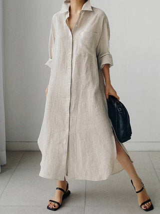 Sheer Trend Urban Linen Split-Side Buttoned Lapel Midi Dress