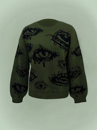 Sheer Trend Long Sleeves Loose Contrast Color Geometric Split-Joint Round-Neck Pullovers Sweater Tops