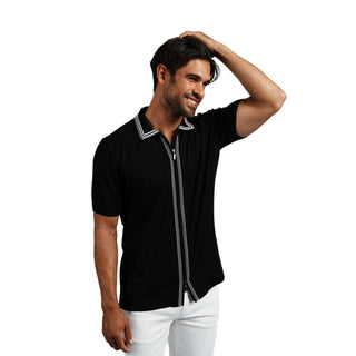 Contour Short Sleeve Two Way Zip Knit Polo Shirt - Black