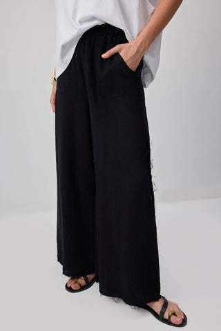 Sheer Trend Frayed Side and Hem Detail Wide Leg Cotton Trousers