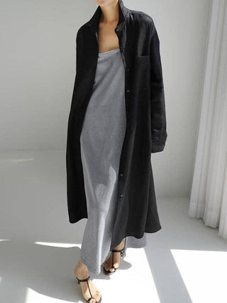 Sheer Trend Urban Linen Split-Side Buttoned Lapel Midi Dress