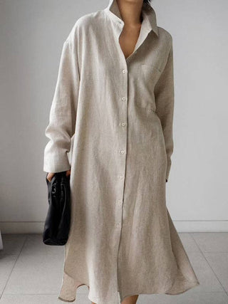 Sheer Trend Urban Linen Split-Side Buttoned Lapel Midi Dress