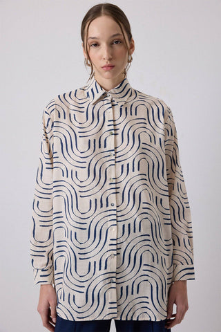 Touché NAVY CURVE PRINT OVERSIZED COTTON SHIRT