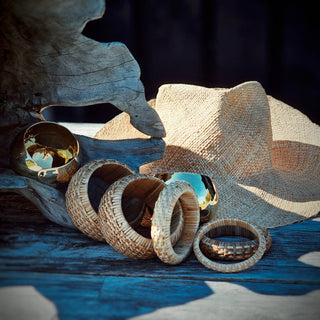 Rattan straw cane bangle bracelet set handmade renewable